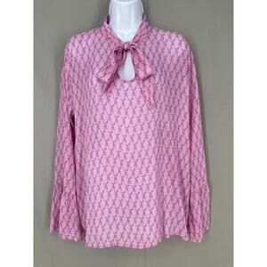 Funky Staff Top Womens Large Pink French Bulldog Print Silk Pullover Tie Neck